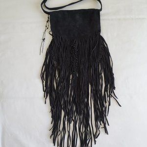 Unique Hippie Fringed Black Suede Crossbody Bag w/ Flap Pocket & Beadwork Accent